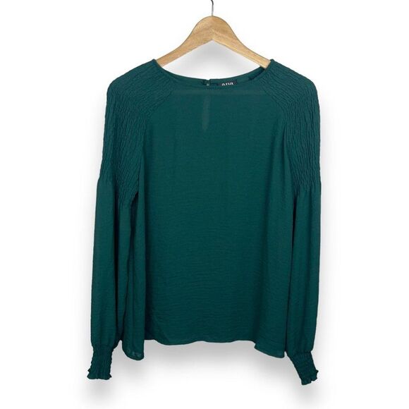 a.n.a. Emerald Green Blouse with Ruched Sleeves - Picture 7 of 10